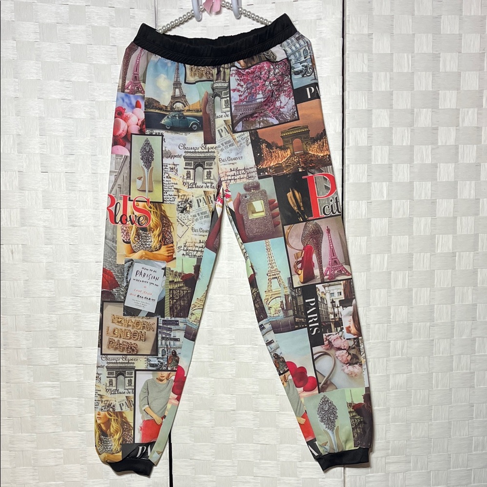 Cleo Multicolor Pants Paris Collage Joggers Size Large Unique Find  Eye catching